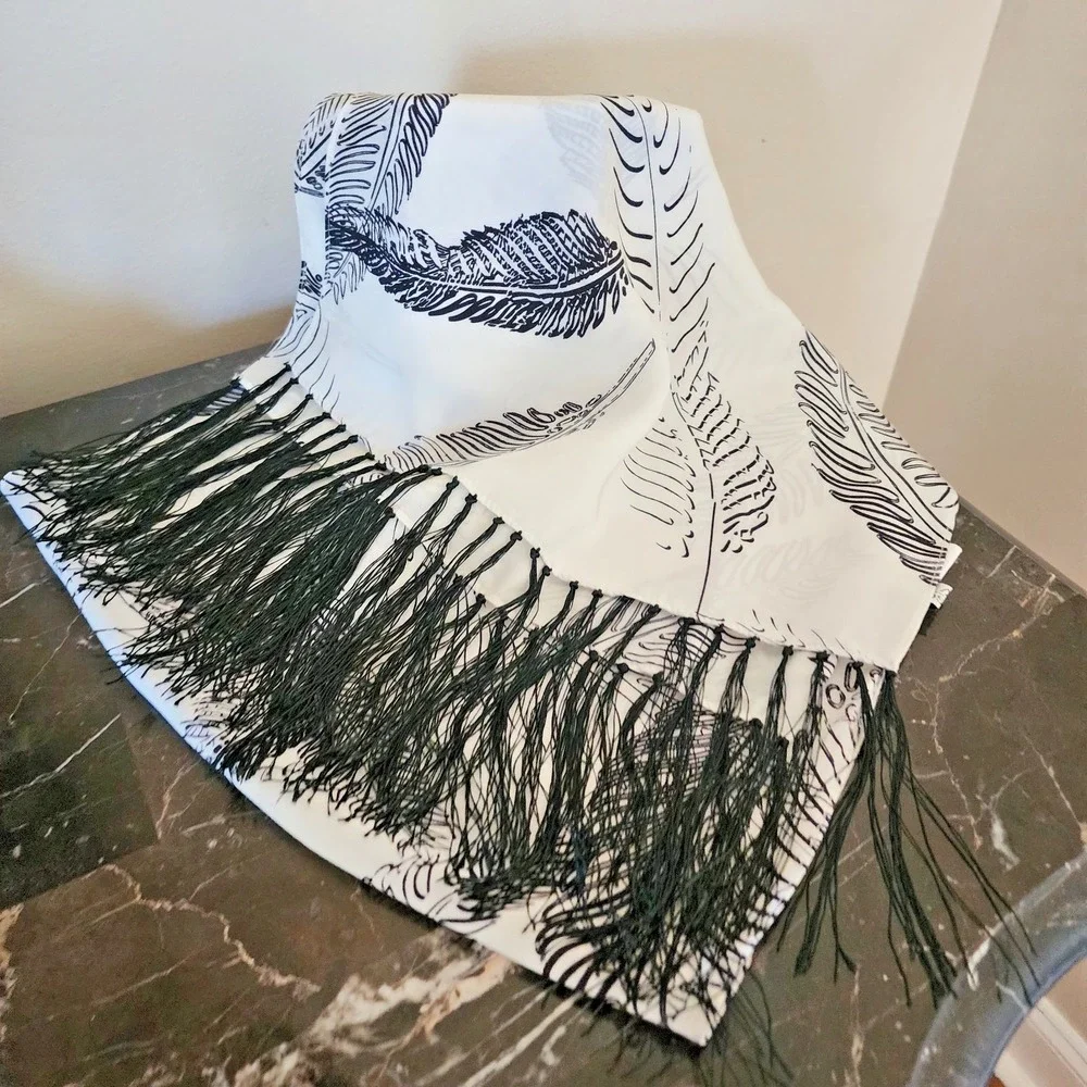 Allison W Black and White Feather Print Silk Oblong scarf  48